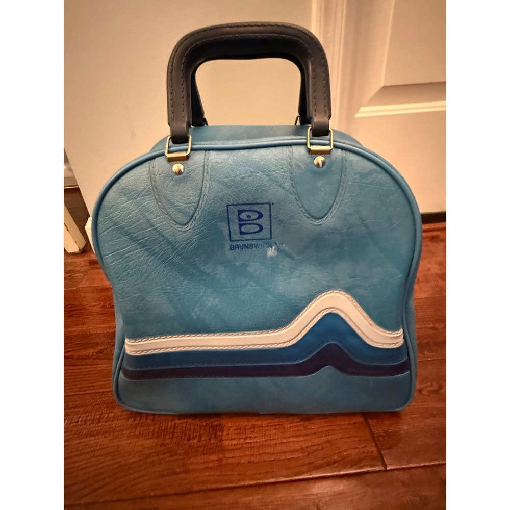 Vintage Brunswick Bowling Bag Blue Vinyl Retro Wave Design Single Ball Carrier